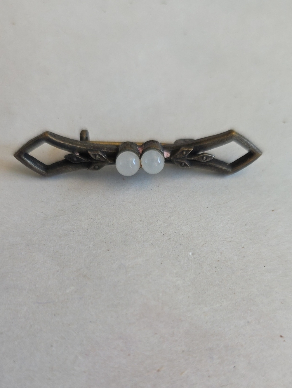 Delicate Edwardian Bronze Bar Brooch with White Glass Cabachon Accents